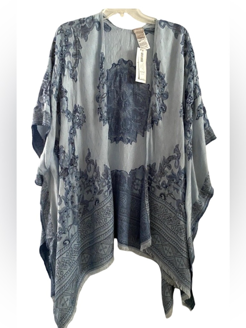 NWT Chico's Indigo Jacquard Ruana Beaded Open Poncho or Cover Up. OS